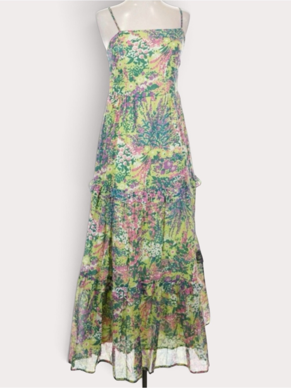 Banjanan 100% Cotton Green Violet Floral Tiered Maxi Dress S Garden Party NWT